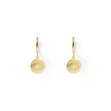 Load image into Gallery viewer, Arms Of Eve Protective Eye Gold Hoop Huggies Earrings