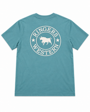 Load image into Gallery viewer, Ringers Western Signature Bull Mens Loose T-Shirt - Teal/White