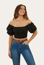 Load image into Gallery viewer, Ringers Western Rosabel Shirred Top - Black