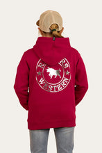 Load image into Gallery viewer, Ringers Western Signature Bull Kids Pullover Hoodie - Magenta/Silver