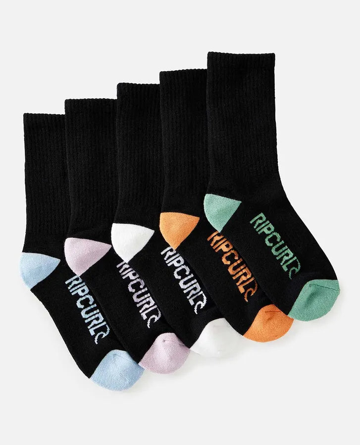 Rip Curl Youth School Crew Sock 5pk - Black/Multicolour (2-8)