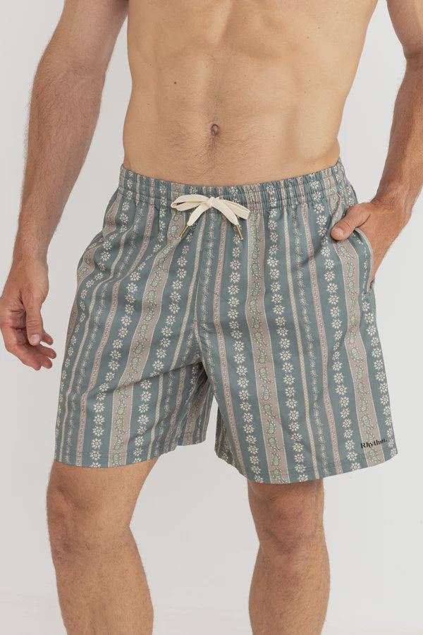 Rhythm Paisley Stripe Beach Short - Olive