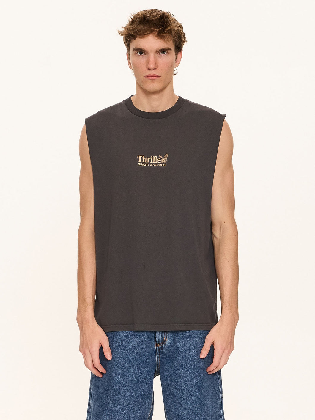 Thrills Workwear Embro Merch Fit Muscle Tee - Dark Charcoal