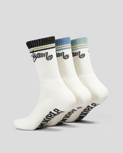 Load image into Gallery viewer, S Double Stripe Shawn Script 3Pk Sock - Black/Blue/Sage
