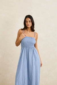 Rhythm Classic Shirred Midi Dress - Steel Blue