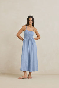 Rhythm Classic Shirred Midi Dress - Steel Blue