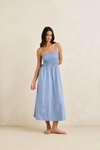 Rhythm Classic Shirred Midi Dress - Steel Blue