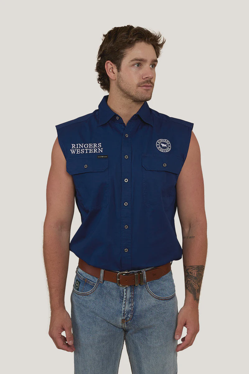 Ringers Western Hawkeye Flag Mens Sleeveless Work Shirt - Navy