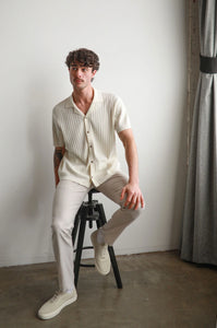James Harper Rib Button Through Shirt - Natural