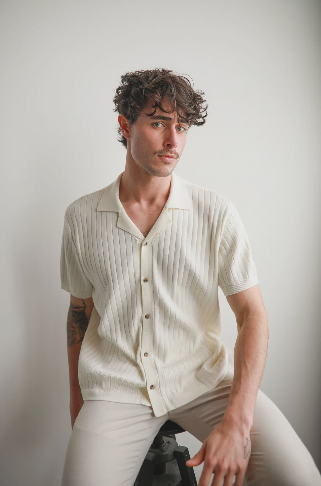 James Harper Rib Button Through Shirt - Natural