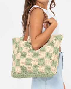 Rusty Checkmate Straw Beach Bag - Natural/Mint