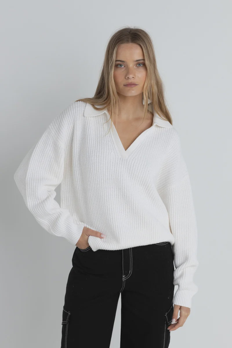 Rhythm Muse V-Neck Collared Jumper - White
