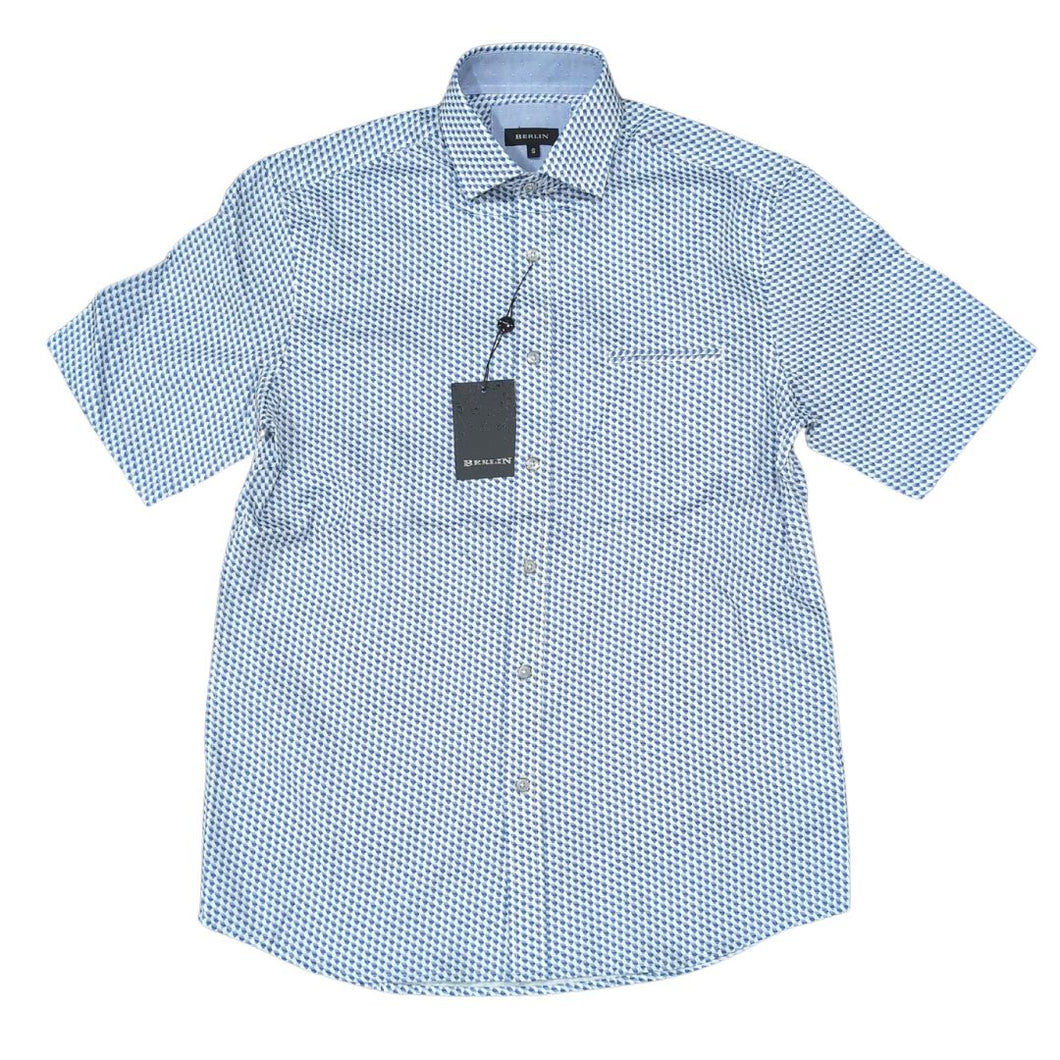 Berlin S404 S/S Abstract Satin Print Shirt - White/Blue