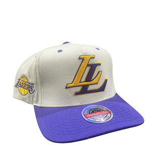 Mitchell and Ness Vintage Letter Los Angles Lakers Snapback - White-Cream/ Purple