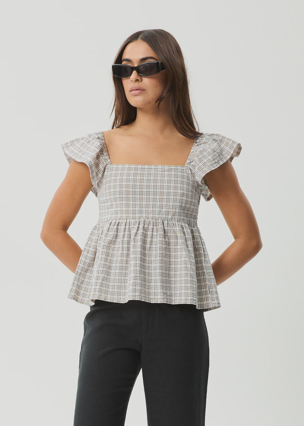 Afends Drew Seersucker Top - Taupe Check