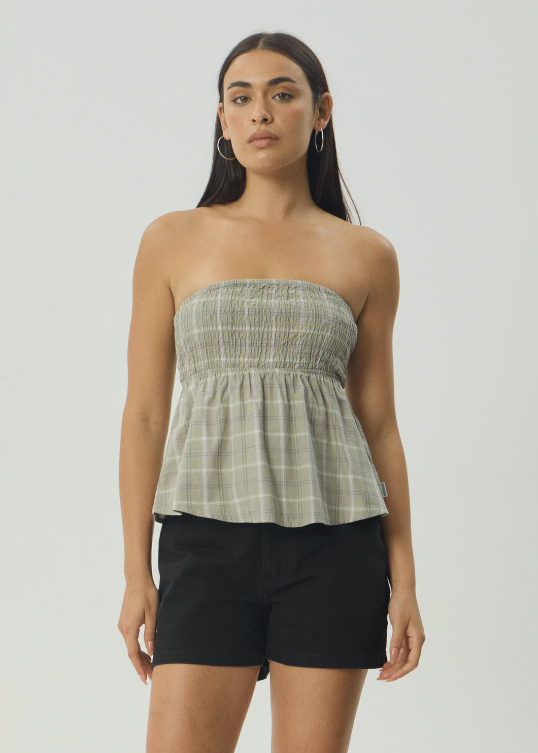 Afends Scout Check Strapless Top - Olive Check