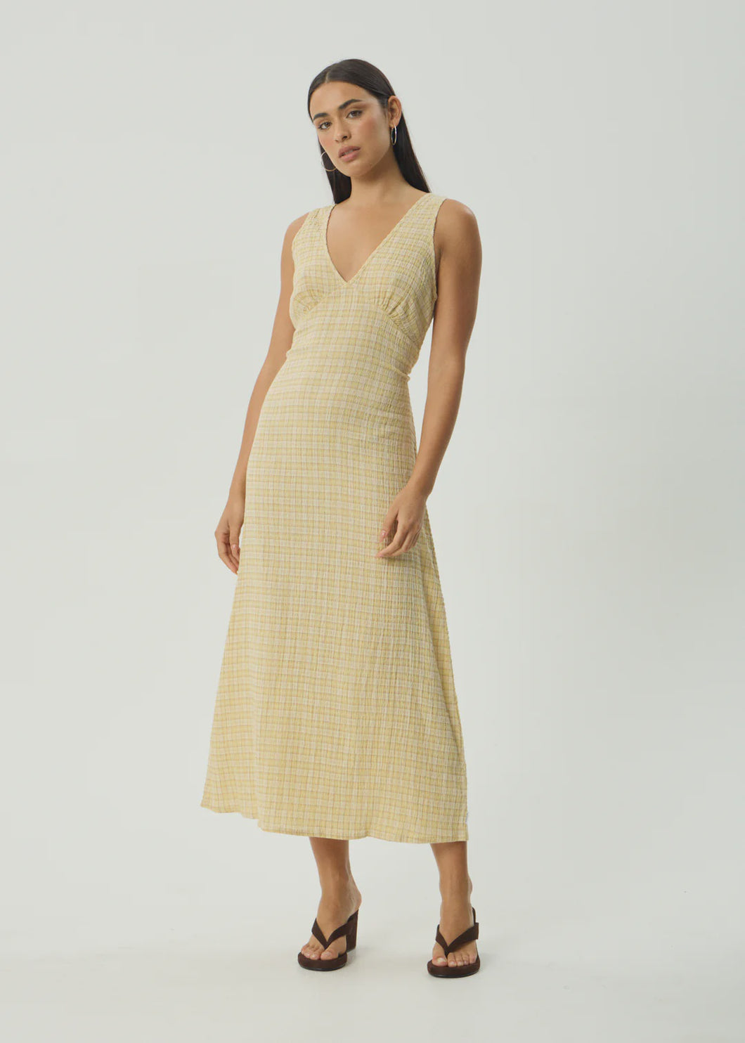 Afends Sunday Hemp Seersucker Check Maxi Dress - Lemon Check