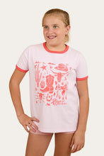 Load image into Gallery viewer, Ringers Western Boot Scootin Kids Ringer T-Shirt - Barley Pink
