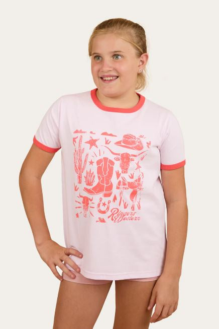 Ringers Western Boot Scootin Kids Ringer T-Shirt - Barley Pink