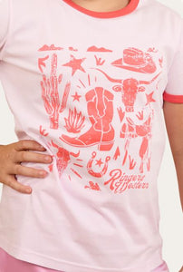 Ringers Western Boot Scootin Kids Ringer T-Shirt - Barley Pink