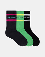 Load image into Gallery viewer, Santa Cruz Multi Split Strip 3 Pack Crew Sock - Off Black/Light Green/Black
