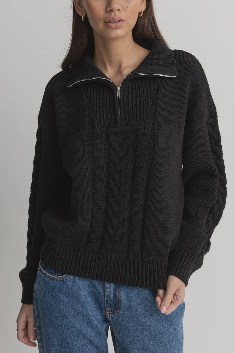 Rhythm Cabelled Vintage Zip Knit - Black